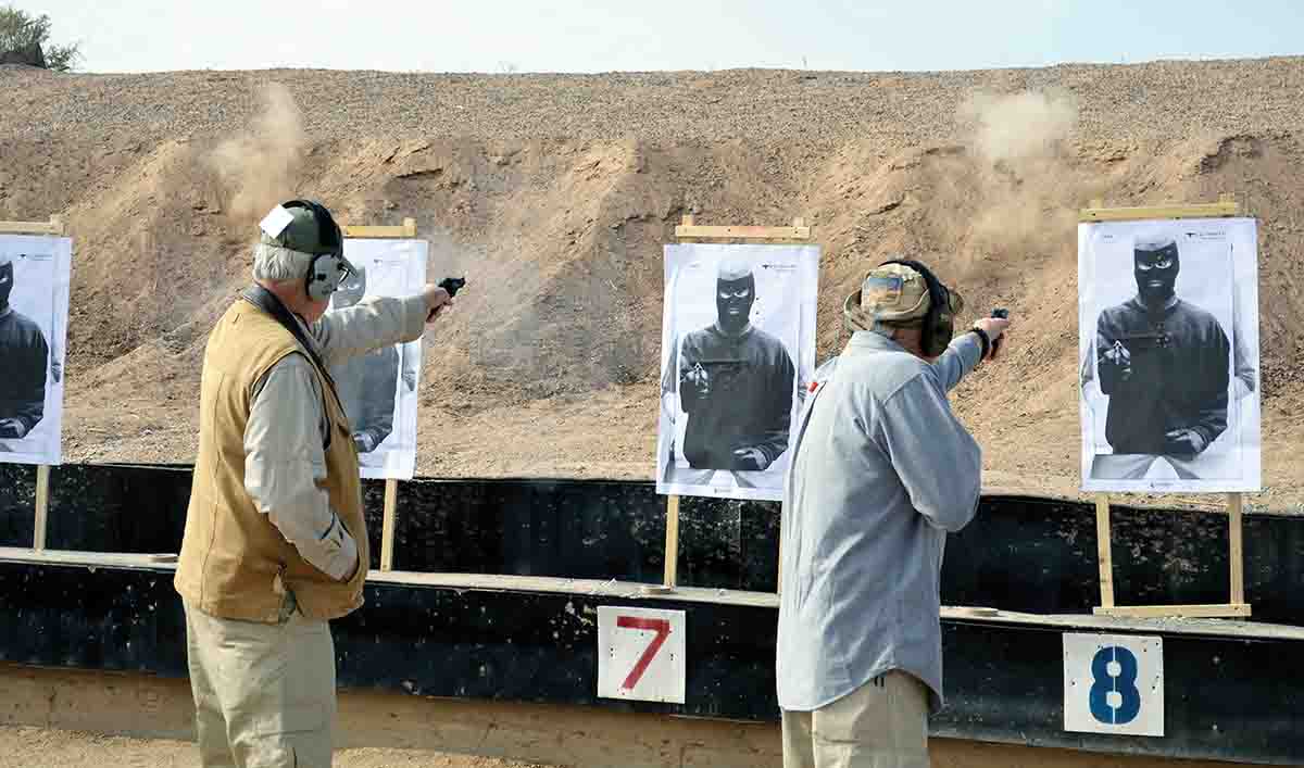 The S&W snub nose “J” frame with a skinny barrel less than 2 inches long is not fun to shoot with 357 Magnum loads. But as this training drill on a square range at Gunsite Academy clearly suggests, the  little pocket pistol can indeed be your last chance at survival.